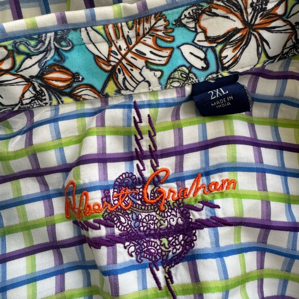 Robert Graham Men 2XL‎ Plaid Purple Green Button Down Hawaiian Flower Flip Cuffs - Picture 6 of 6